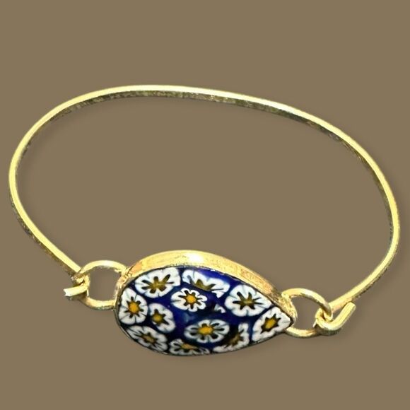 Blue Floral Mille Fiori Enamel and Gold tone Bracelet Bangle - Picture 2 of 13